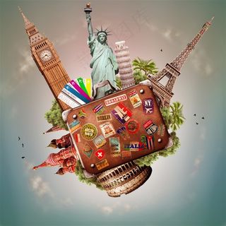 旅行系列 - 贴满旅行标贴的环球旅行箱图片素材创意图片
