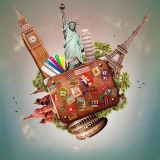 旅行系列 - 贴满旅行标贴的环球旅行箱图片素材创意图片 旅行系列 - 贴满旅行标贴的环球旅行箱图片素材创意图片
