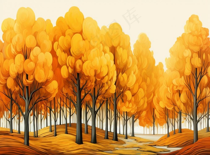 秋季树林黄色树叶卡通插画素材背景