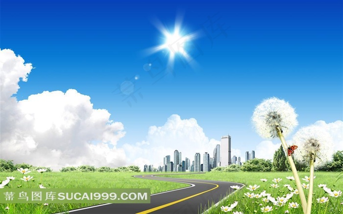 蓝天白云草地城市公路风光