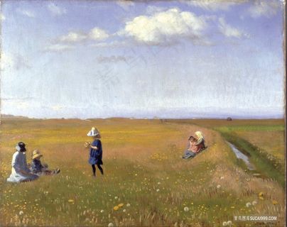 迈克尔·安彻，孩子们，小女孩们，在斯卡根北部的田里采花