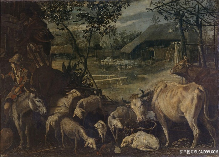 家禽动物牛风景画油画