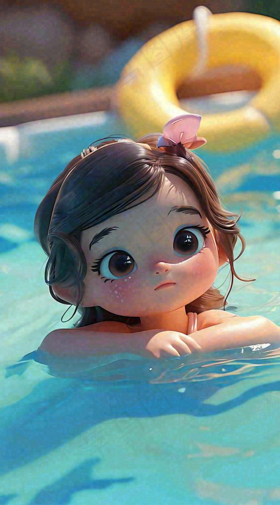 夏天泳池玩耍泳衣女孩，小暑大暑 夏至(816x1472)
