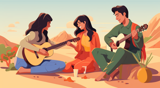 三个年轻人坐在地上弹吉他插画配图