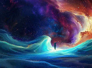 夜晚天空科幻绚丽星空下的人，暗黑天蓝