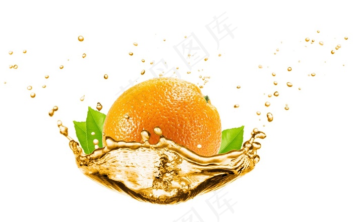 喷溅的金色液体和橙子高清图片