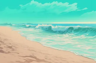 有蓝色海水、海洋和海浪的沙滩，浅蓝绿色和浅米色风格，canon af35m，凄美，seapunk摄影图