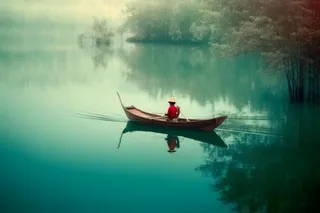 湖面划船人物碧绿背景