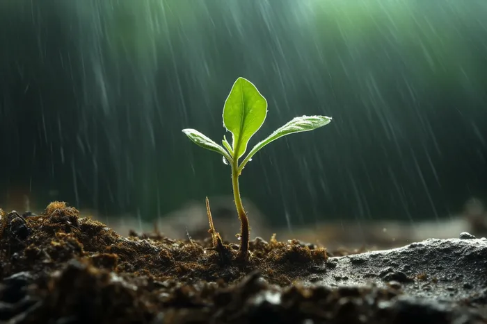 下雨天坚韧的嫩芽摄影图