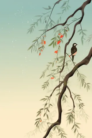 古风水墨画树枝枝头上站着小鸟插画素材背景