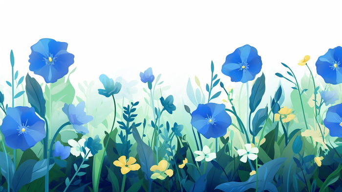 蓝色小花绿叶植物花丛草丛卡通插画素材