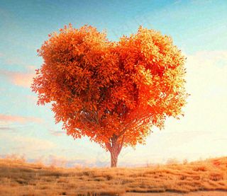 秋天爱心树木橙红色落叶蓝天温馨