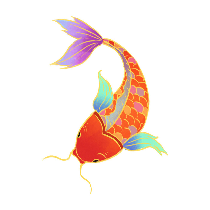 手绘烫金国潮中国风卡通锦鲤鱼金鱼插画装饰元素PSD设计素材