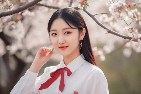 一个带着红色蝴蝶结的年轻女孩在樱花树下拍照插摄影图 一个带着红色蝴蝶结的年轻女孩在樱花树下拍照插摄影图