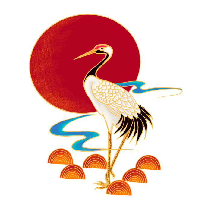 中国风国潮仙鹤山水插画手绘元素场景PSD设计素材
