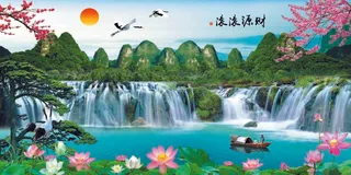 山水画 风景 瀑布 花 船 仙鹤 太阳