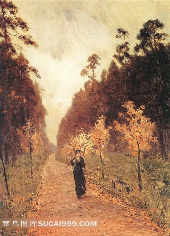 秋季林荫小到上的妇女油画