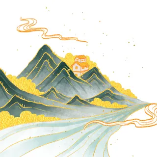 中国风国潮山水插画祥云中式手绘烫金线条元素png装饰背景PSD素材