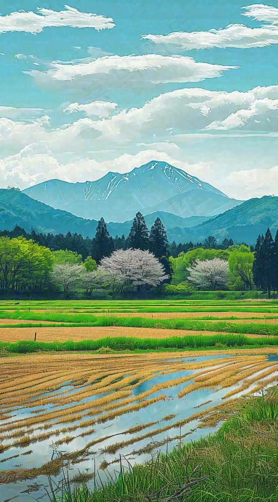 日本卡通绿色手绘乡村田野春天稻田(816x1472)