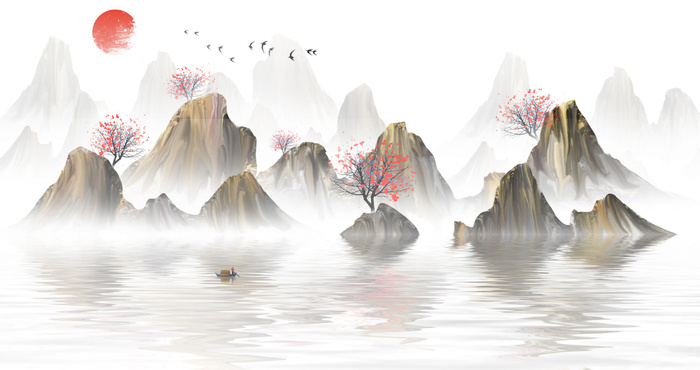 日出山水水墨绘画PSD素材