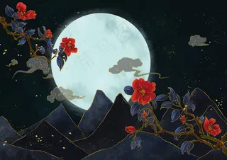 国潮鎏金复古烫金国风孔雀仙鹤装饰画素材PSD