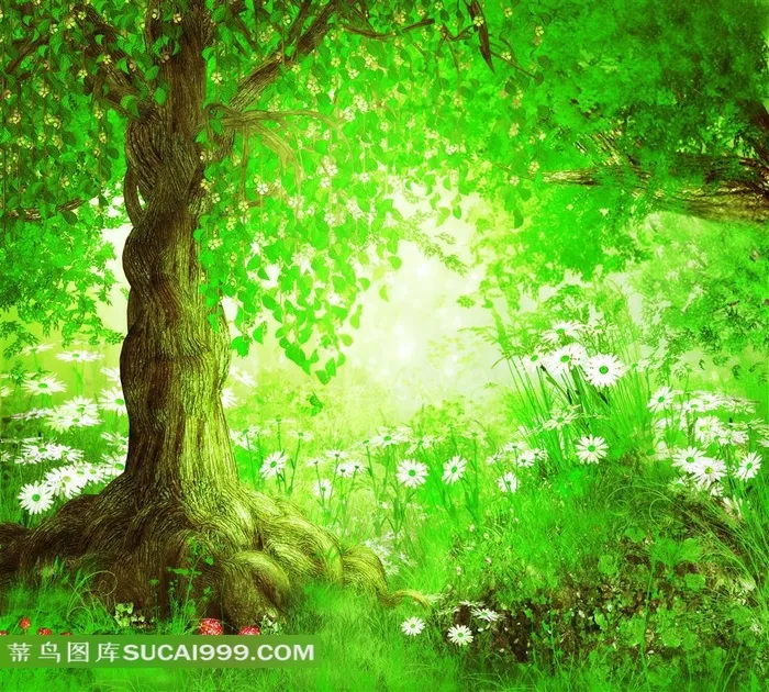 卡通树林草地花丛背景图