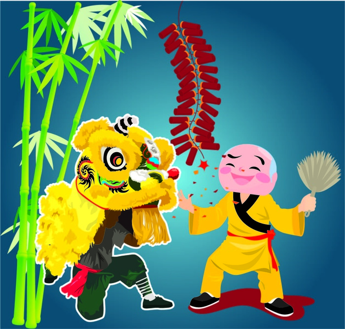 中秋节快舞狮灯笼蓝色背景