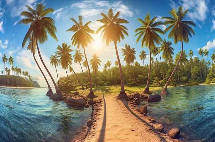 一个拥有许多棕榈树和沙滩的阳光明媚的岛屿摄影图