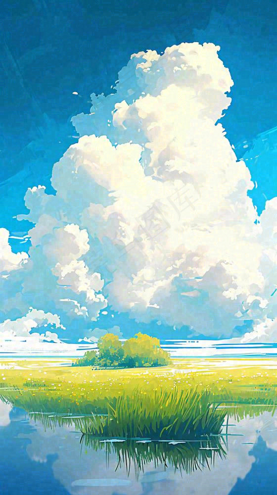 大自然湖面小溪草坪村庄蓝天白云，春天清新阳光(816x1456)