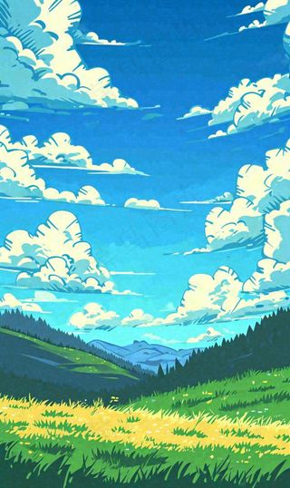 蓝天白云草地山脉插画手绘