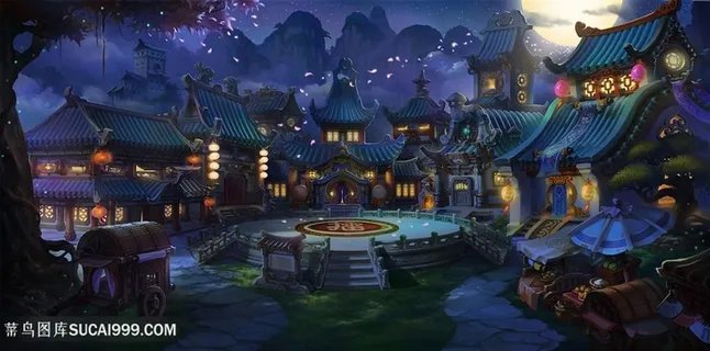 花瓣夜下擂台中国风CG原画绘画图片