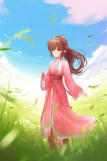 古风少女红裙子在草丛中花瓣纷飞卡通插画 古风少女红裙子在草丛中花瓣纷飞卡通插画