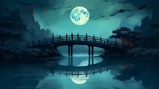 夜晚月亮河流上的拱桥摄影图