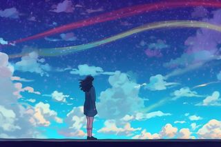 天空彩虹白云毕业的女孩插画背景