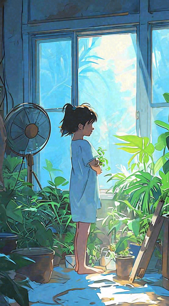 夏天炎热夏至室内小孩儿童吹风扇手绘插画