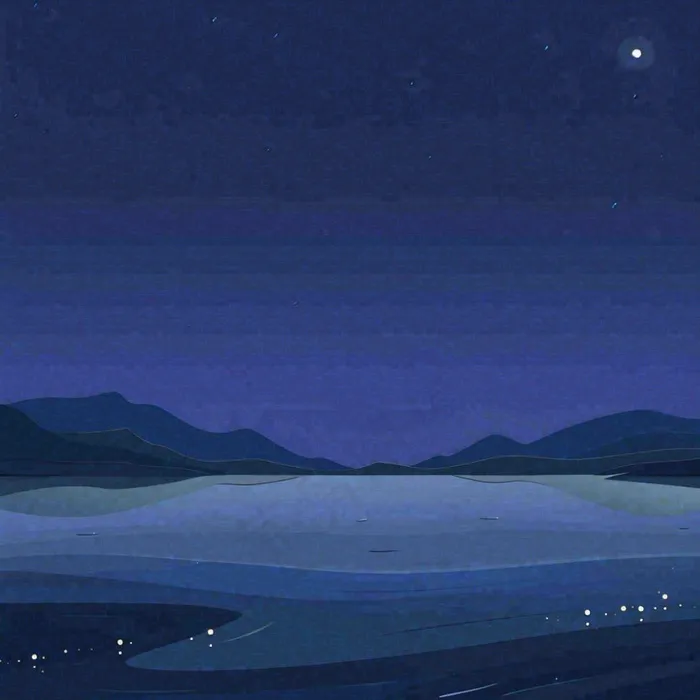 夜晚河面星空月亮唯美夜景扁平插画手绘(1024x1024)