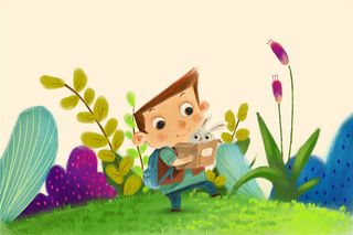 放学路上抱兔子的小男孩插画