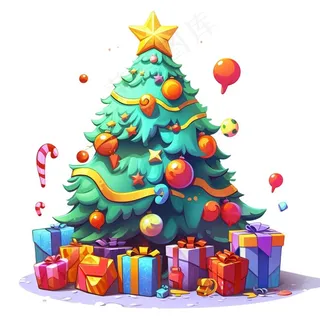 圣诞树装饰礼物节日卡通插画免抠