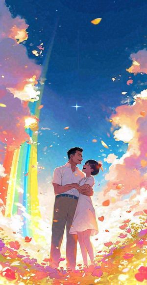蓝天白云下的花海，父亲抱着孩子，温馨亲情