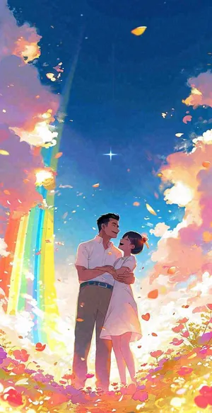 蓝天白云下的花海，父亲抱着孩子，温馨亲情