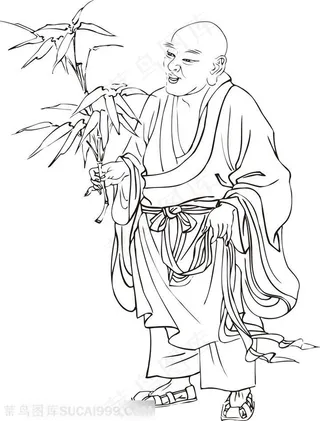 捏着一截竹叶手绘线描108罗汉矢量PNG绘画图片
