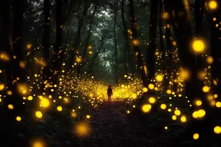 夏日森林夜晚萤火虫黄色光芒摄影图