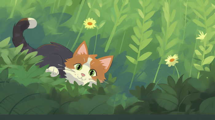 绿色草丛树叶里猫咪卡通插画(x)