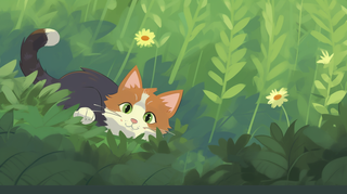 绿色草丛树叶里猫咪卡通插画