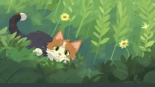 绿色草丛树叶里猫咪卡通插画