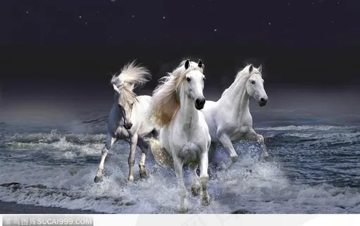 正面三匹在海边奔跑的白色骏马