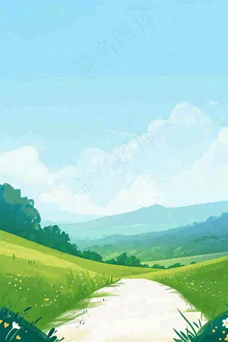 春日郊游草坪小路小花踏青手绘插画，立春春分