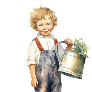 小男孩拿着水壶水桶浇水绿植草人物插画免抠