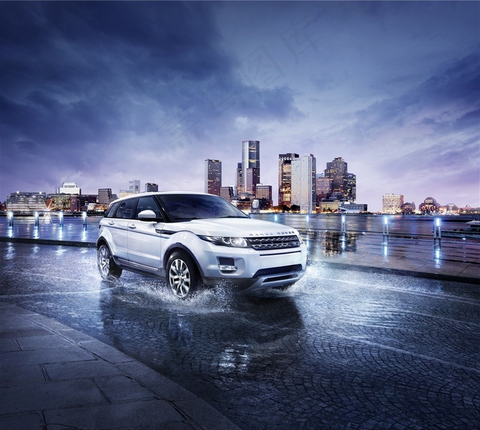 白色路虎汽车都市夜景高清宣传图