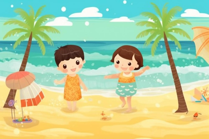 夏日沙滩儿童游玩插画背景(1344x896)
